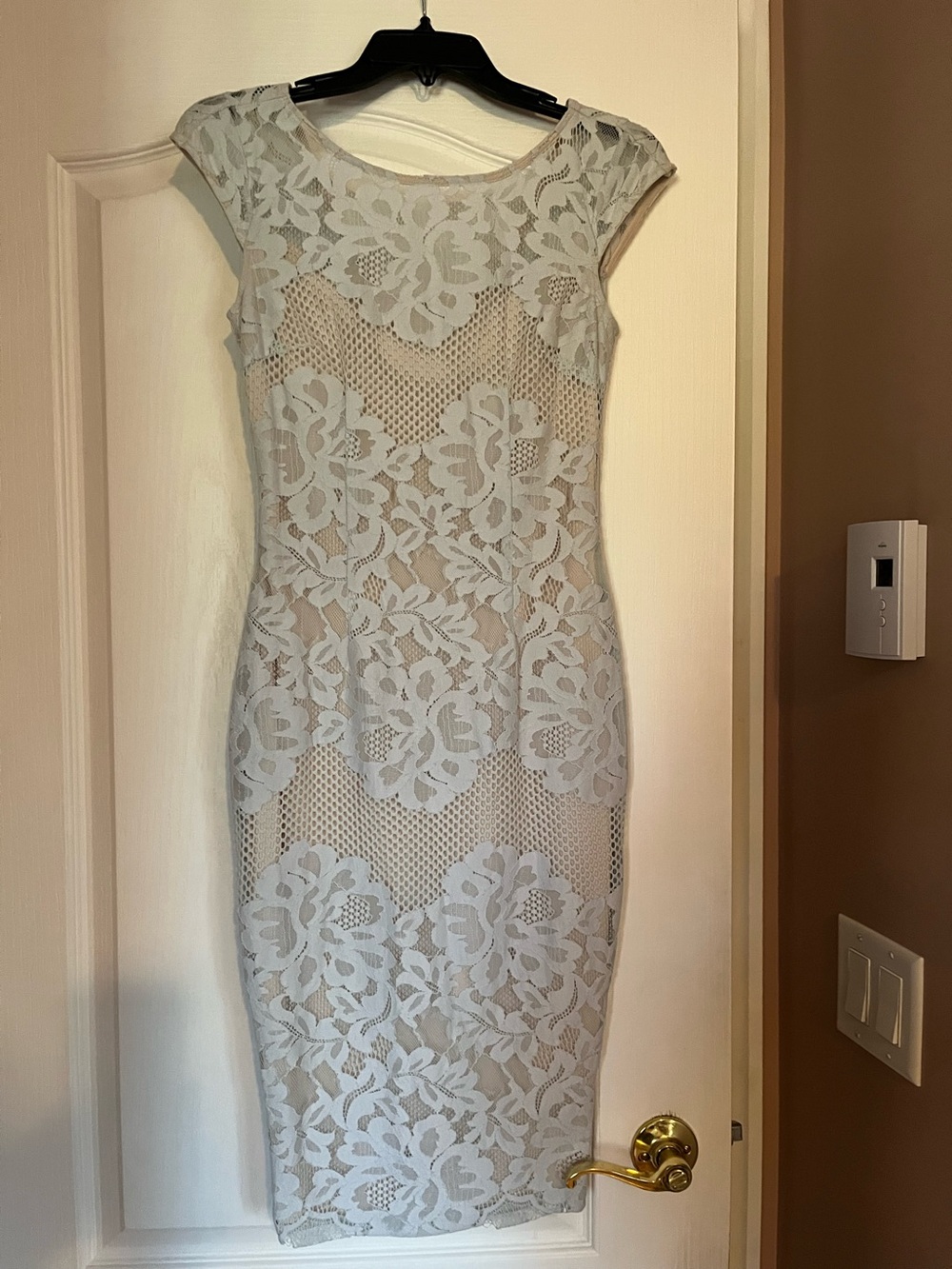 le chateau Light Gray Lace Midi Sheath Dress